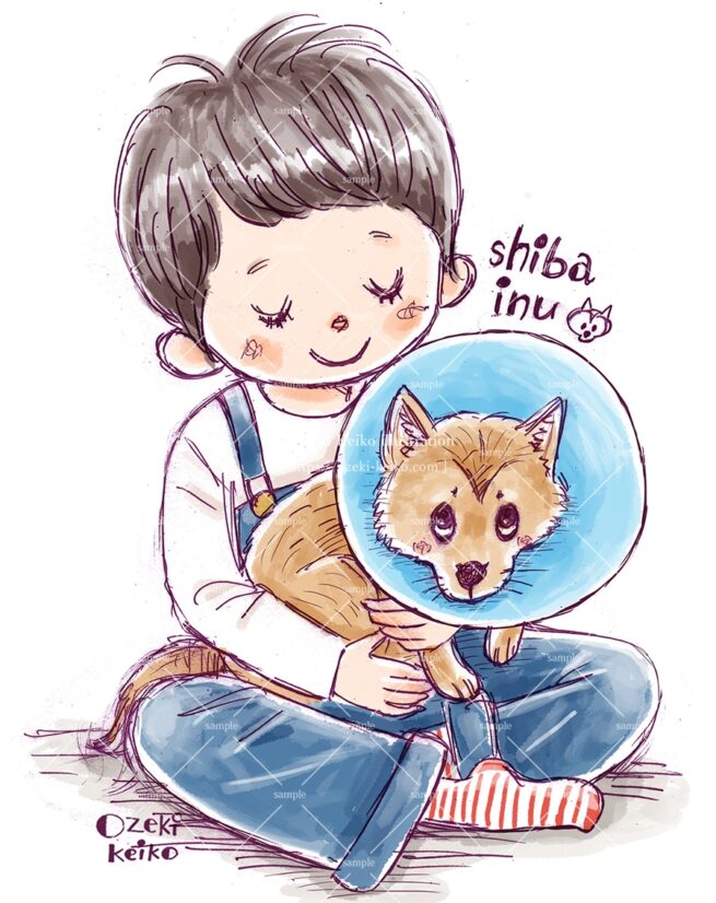 エリザベスカラーの子犬を労わる男の子イラスト