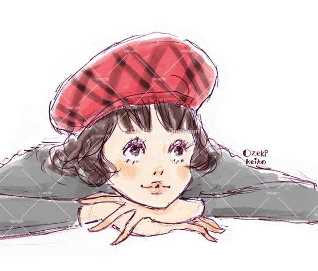 物思いに耽る大きな帽子の女性イラスト