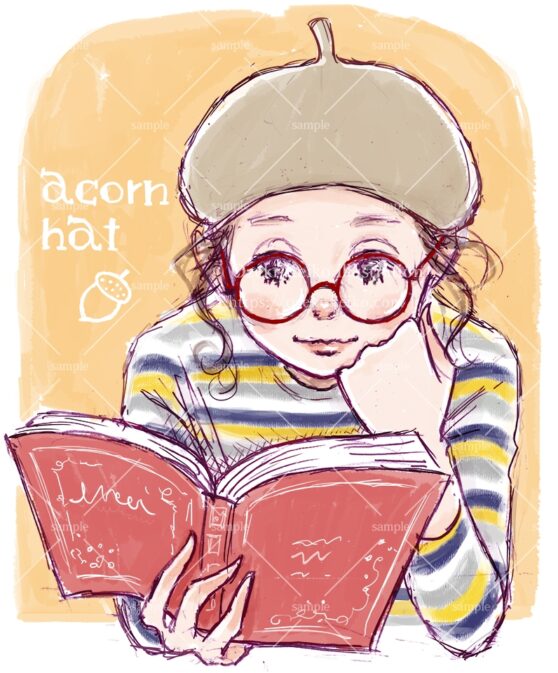 丸眼鏡をかけたどんぐり帽子の女性イラスト