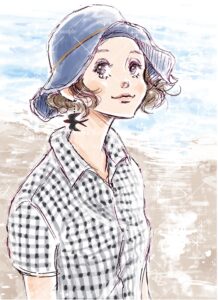 砂浜に佇む帽子を被った女性イラスト
