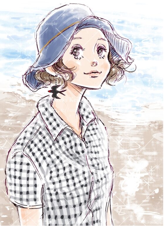砂浜に佇む帽子を被った女性イラスト