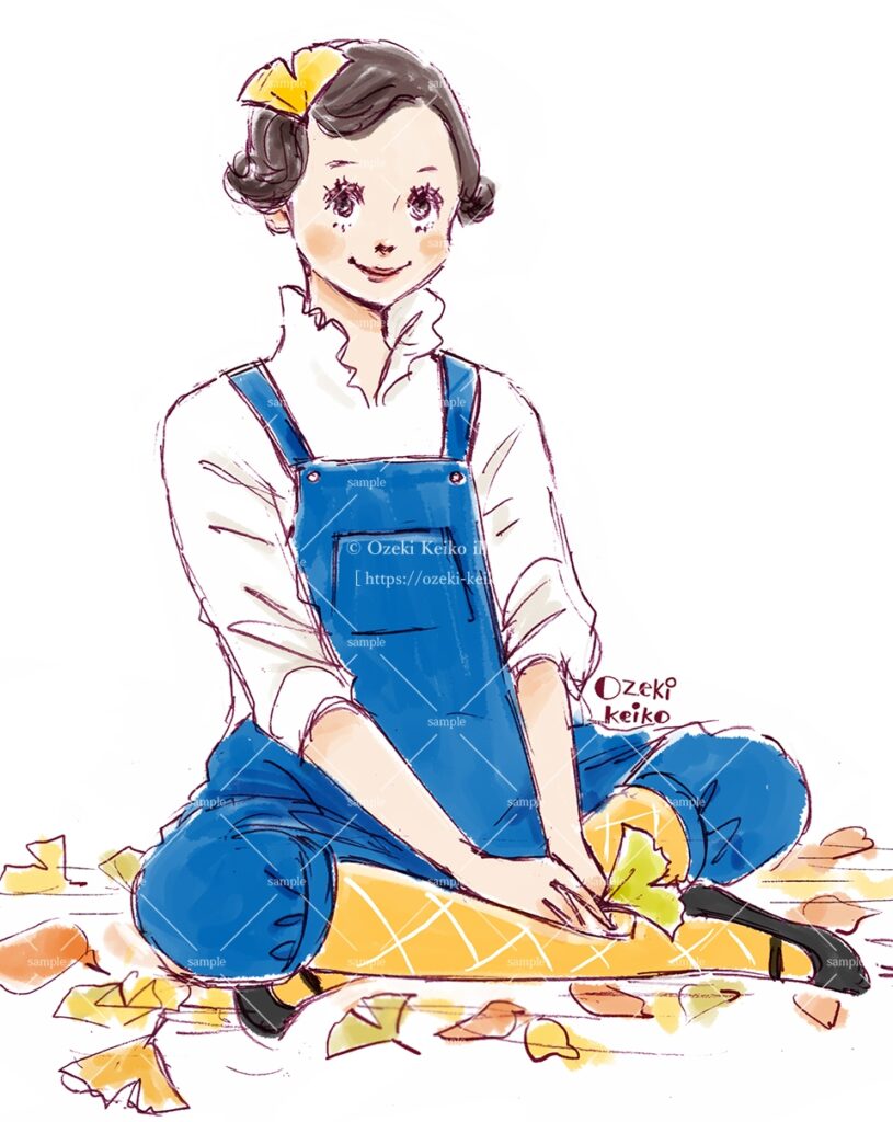 落ち葉に佇むオーバーオールの女性イラスト
