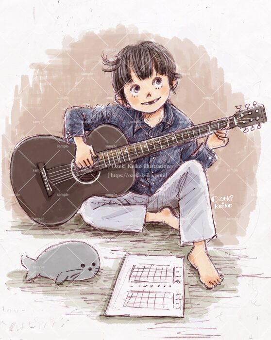 大き目ギターを嬉しそうに練習する男の子イラスト