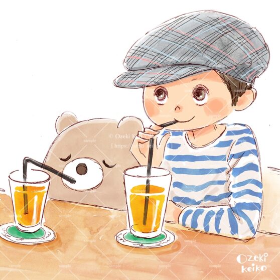 クマのぬいぐるみと喫茶店でジュースを飲む男の子イラスト