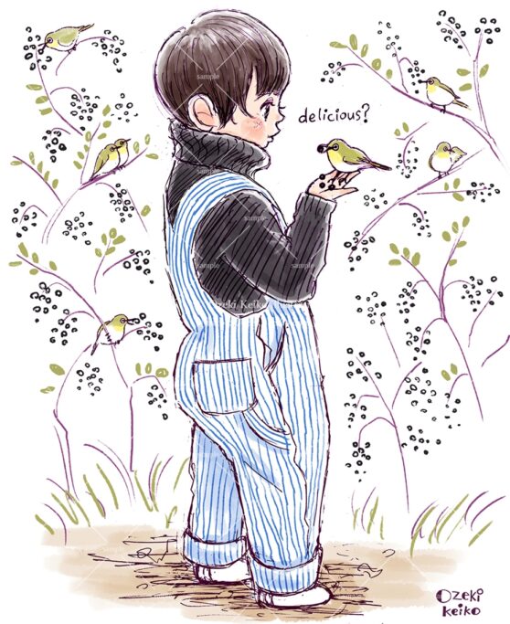 小鳥とお話をするオーバーオールの男の子のイラスト