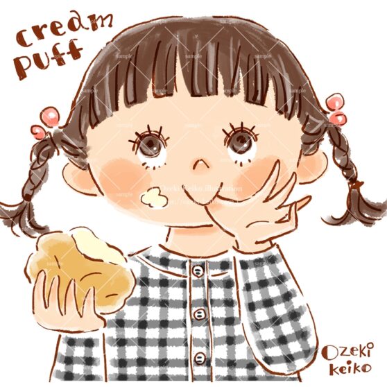 大きなシュークリームを食べる女の子イラスト