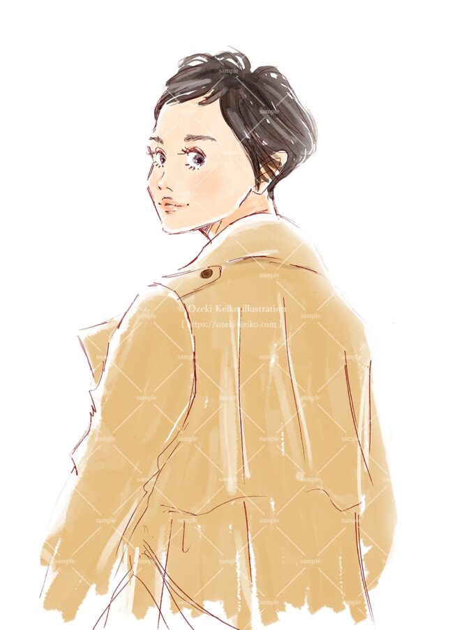トレンチコートのショートヘアの女性イラスト
