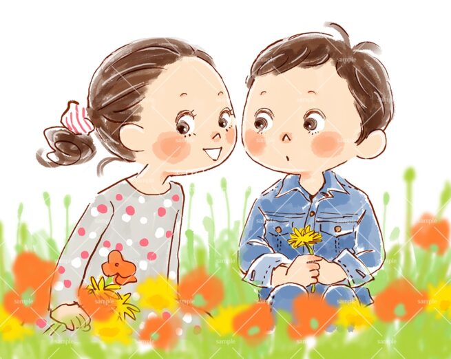 お花畑の中の子供カップルイラスト