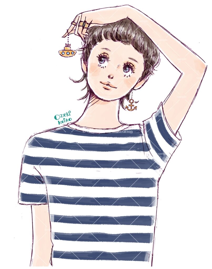 イエローサブマリン・イアリングの夏ファッション女性イラスト