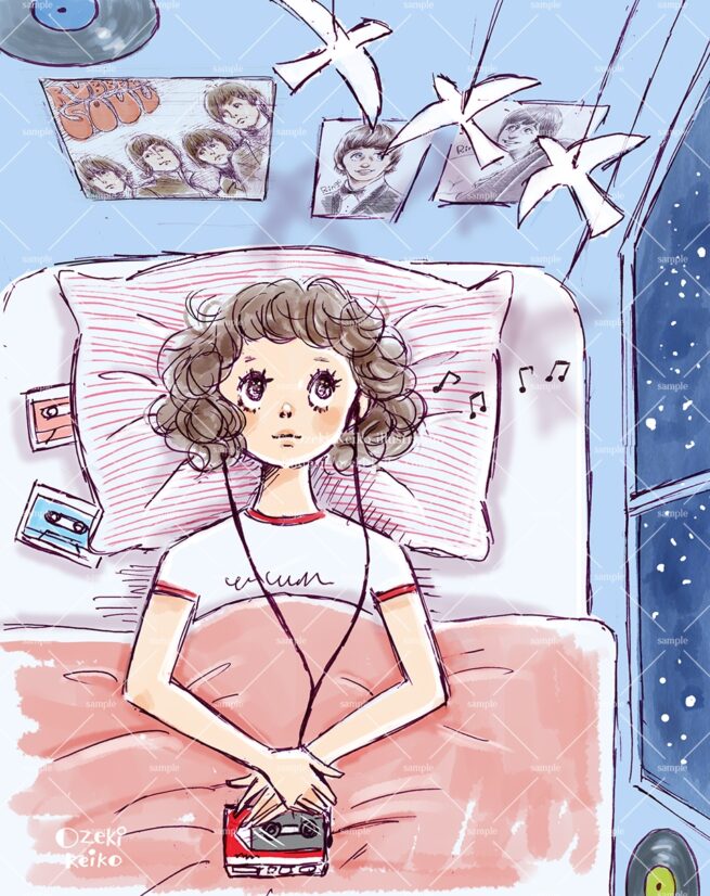 カセットテープのウォークマンで音楽を聴く女の子イラスト