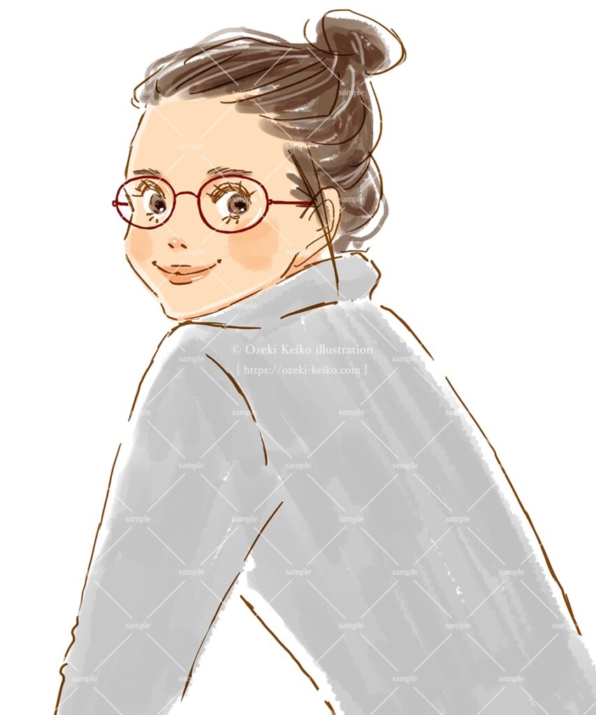 メガネのお団子ヘアの女性イラスト