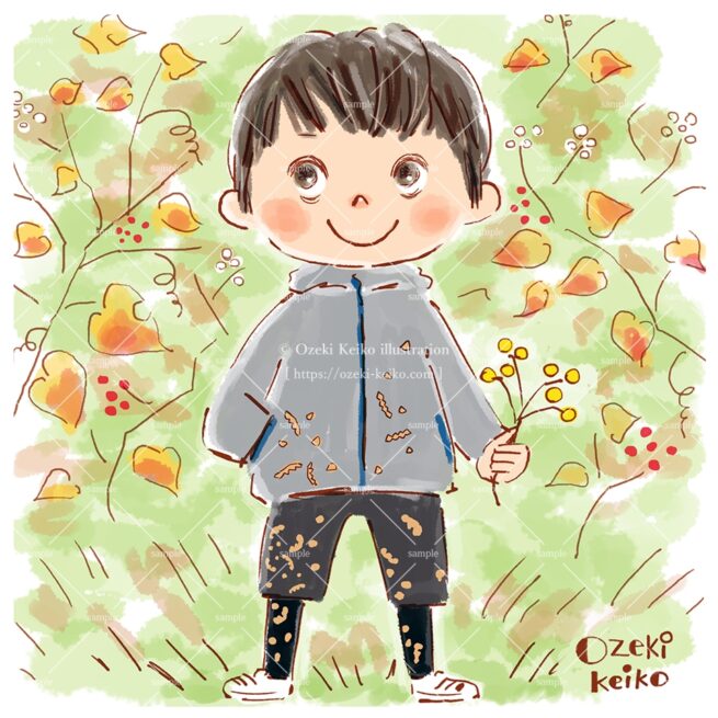 草むらから花を摘んできた男の子イラスト