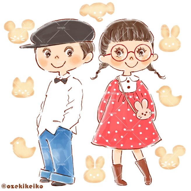 お洒落をした女の子と男の子の双子イラスト