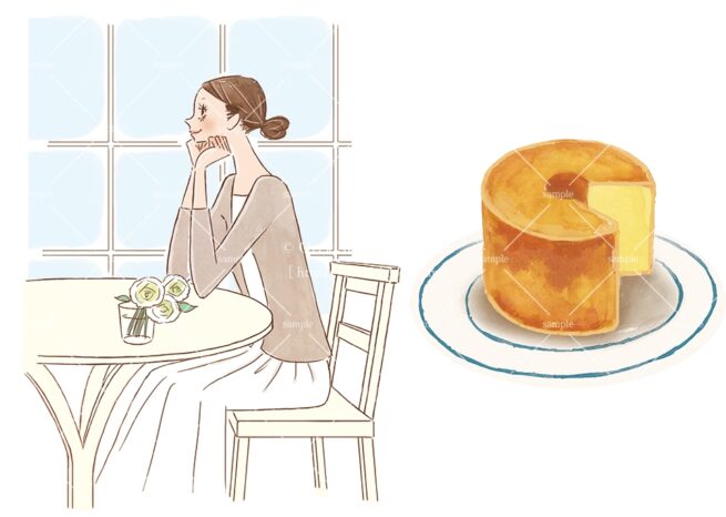 カフェでくつろぐ女性とスイーツのイラスト