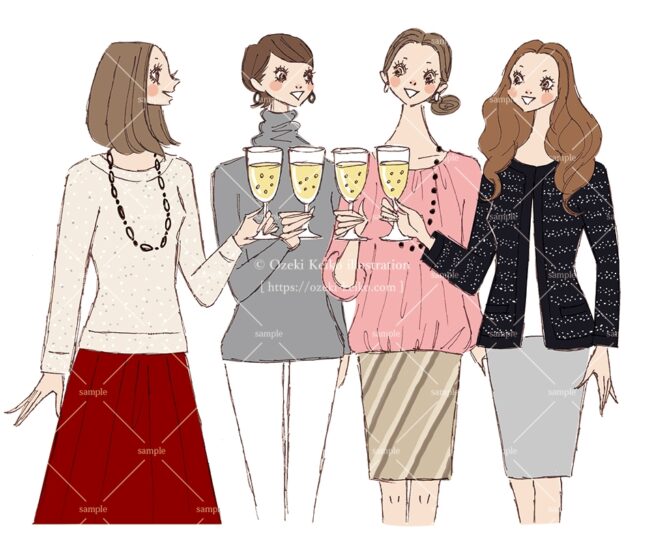女子会で乾杯するイラスト