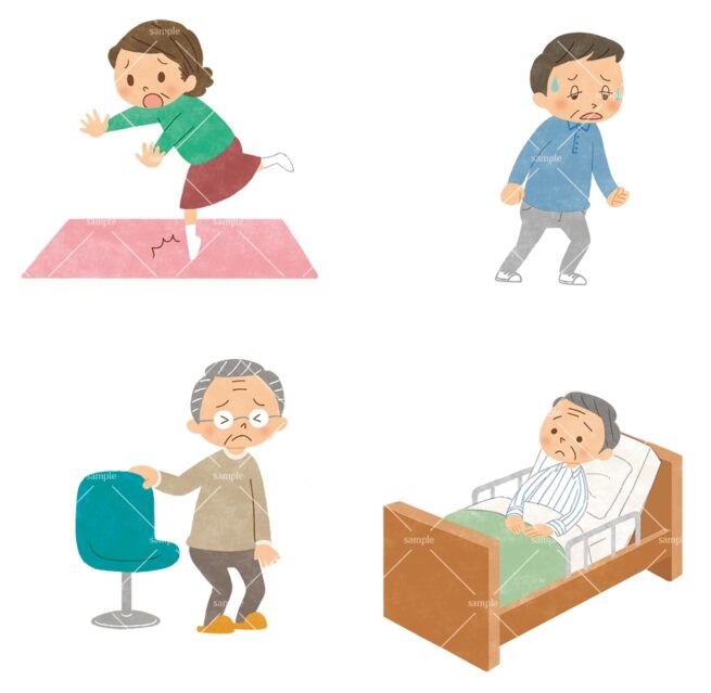 熟年向けチラシ用イラスト　熟年の抱える体の不調のイラスト