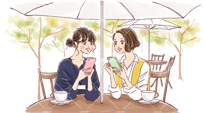 オープンカフェでスマートフォンを見ながらおしゃべりを楽しむ女性イラスト