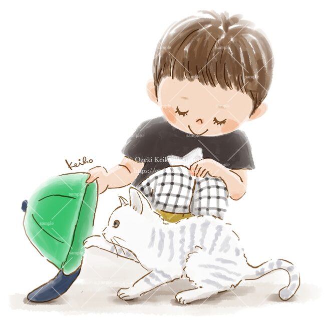 猫に帽子を見せる男の子のイラスト