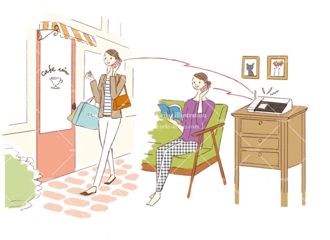 出先やソファで転送電話で話す女性イラスト