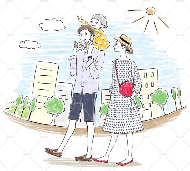 女の子を肩車するおしゃれな家族のイラスト