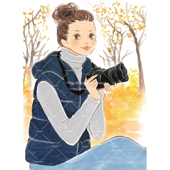 カメラを持つ秋ファッションの女性イラスト