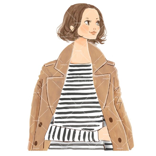 トレンチコートを羽織ったボーダーシャツの女性イラスト