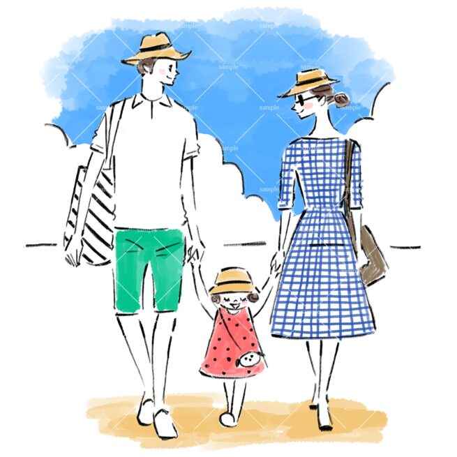 夏にお出かけをする麦わら帽子の家族イラスト