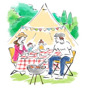 キャンプでバーベキューを楽しむ家族のイラスト