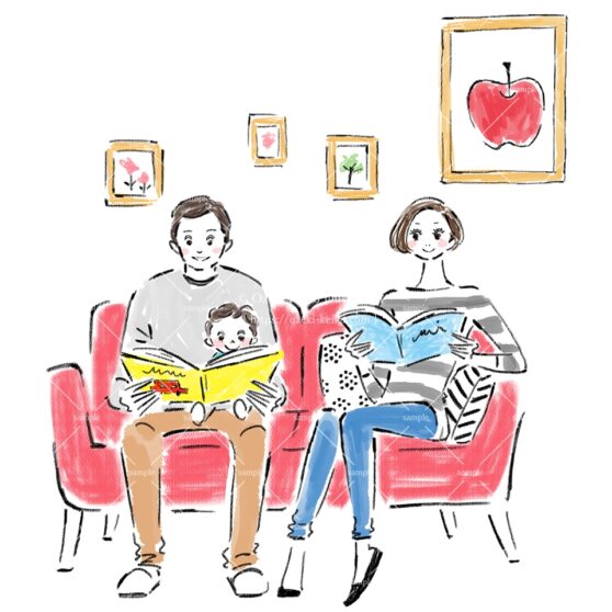 リビングのソファーで本を読んでくつろぐ家族のイラスト