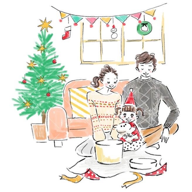クリスマスパーティでプレゼントを開ける家族のイラスト