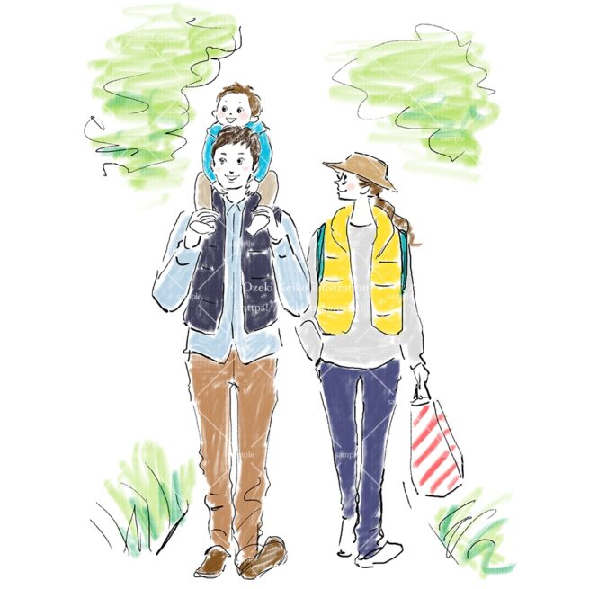 ハイキングを楽しむアウトドアファッションの家族イラスト