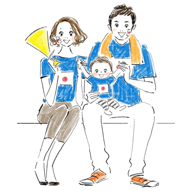 サッカー観戦を楽しむサポーター家族のイラスト