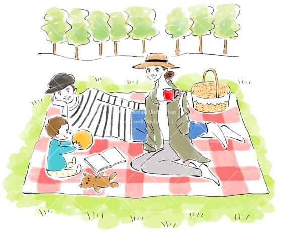 芝生でピクニックを楽しむ家族のイラスト