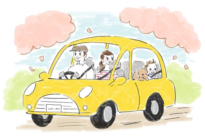 桜舞い散る中でドライブを楽しむ家族のイラスト