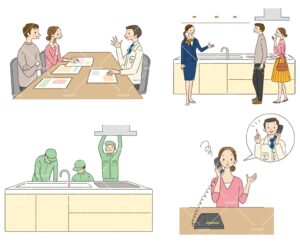 キッチンのリフォームを希望する夫婦と、対応するリフォーム会社のイラスト