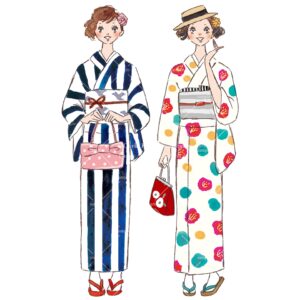 じゃらん岡山　着物を着て観光をする女性たちのイラスト