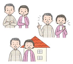 悩む、決める、喜ぶ熟年夫婦のイラスト