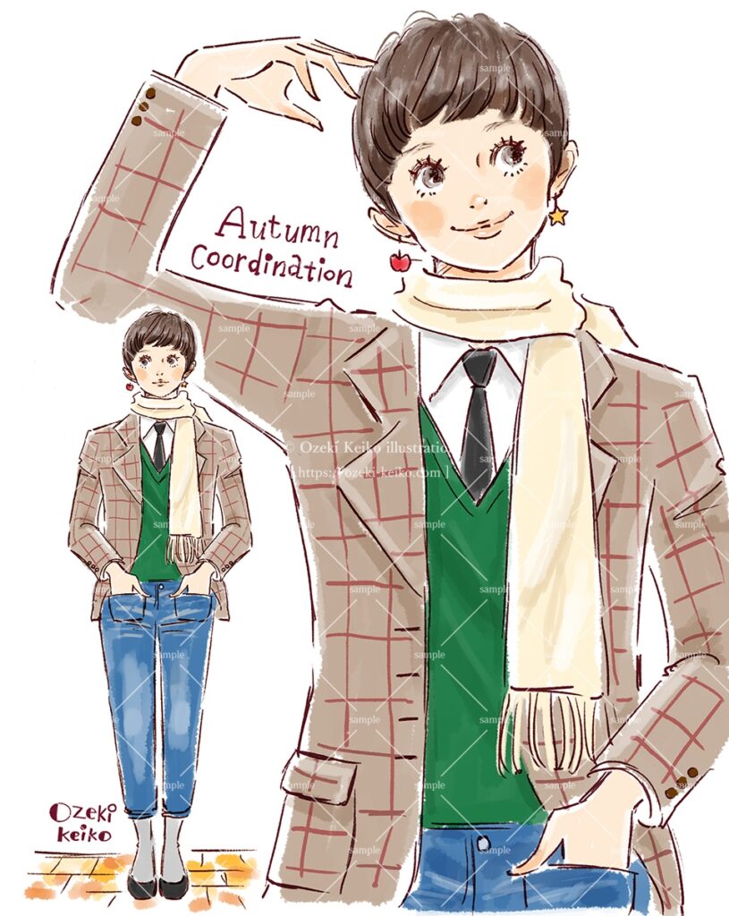 ベリーショートの晩秋ファッションの女性イラスト