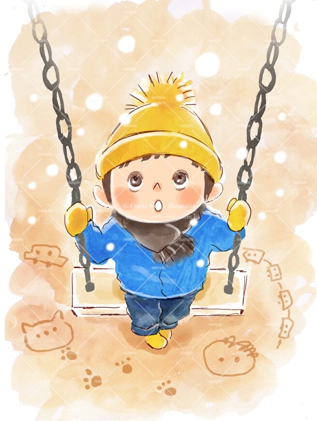 ブランコに乗って降ってきた雪に見惚れる男の子イラスト