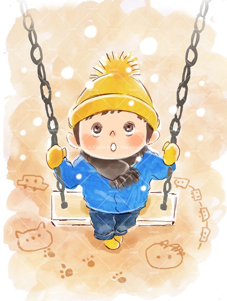 ブランコに乗って降ってきた雪に見惚れる男の子イラスト