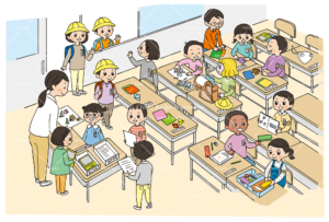 教室の生徒たちと先生のイラスト
