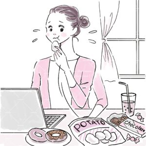 ポテチなど高カロリーなお菓子を食べまくる女性のイラスト