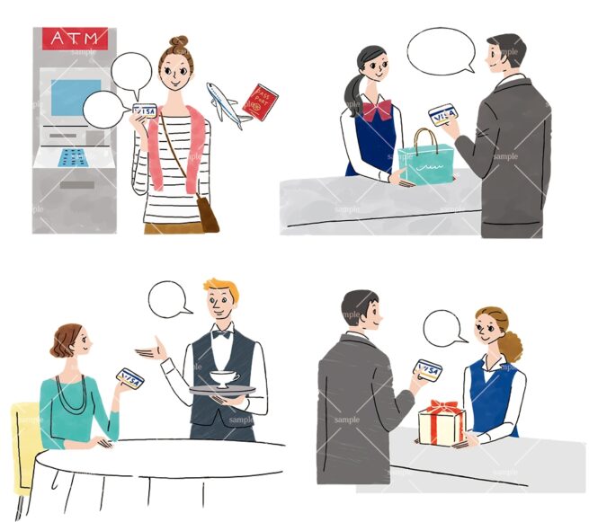 旅行先でクレジットカードを使うシーンのイラスト