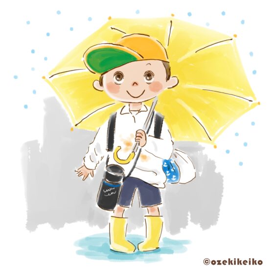雨の日に楽し気な男の子イラスト