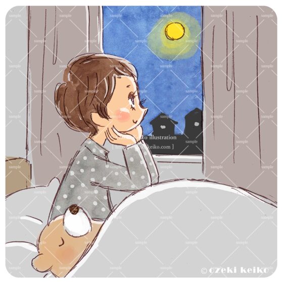 ベッドから窓の外の月を眺める女の子イラスト
