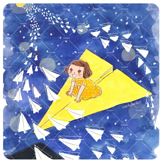 紙ヒコーキで夜空を飛ぶ女の子のイラスト