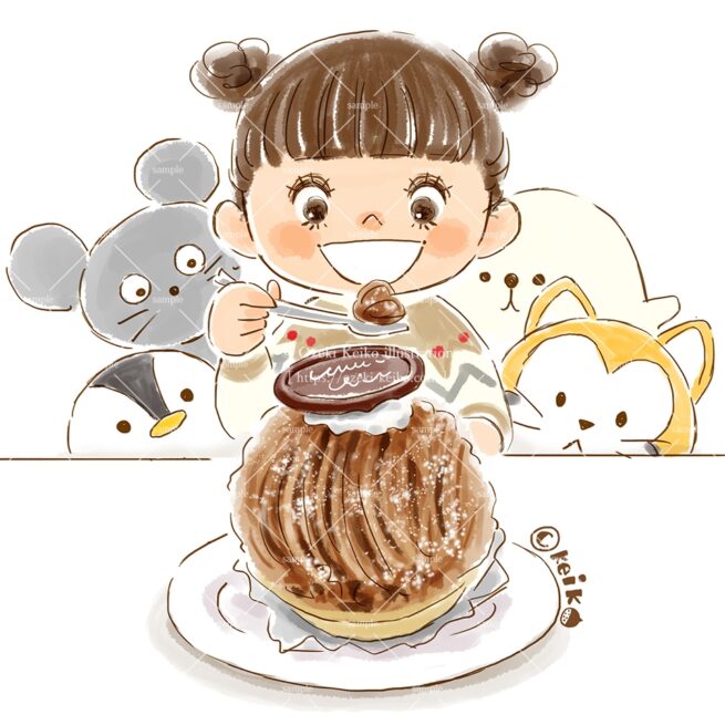 モンブランを見て喜ぶ女の子と動物たちのイラスト