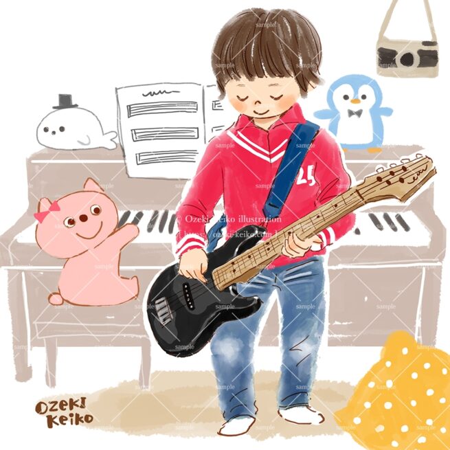 猫ちゃんの伴奏でギターを弾く男の子イラスト