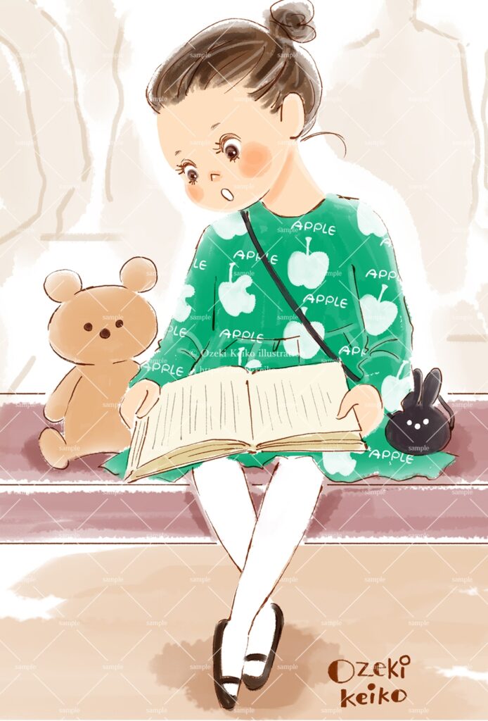 ぬいぐるみに読み聞かせをする女の子イラスト