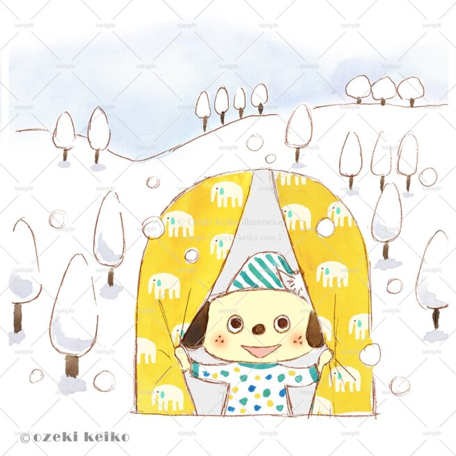 雪景色とパジャマのワンコのイラスト